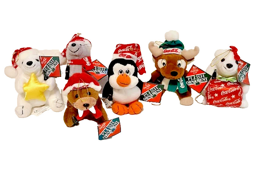 Lot of 6 Vintage COCA-COLA CHRISTMAS ORNAMENTS PLUSH ~ NEW with Tags NWT 1998-99