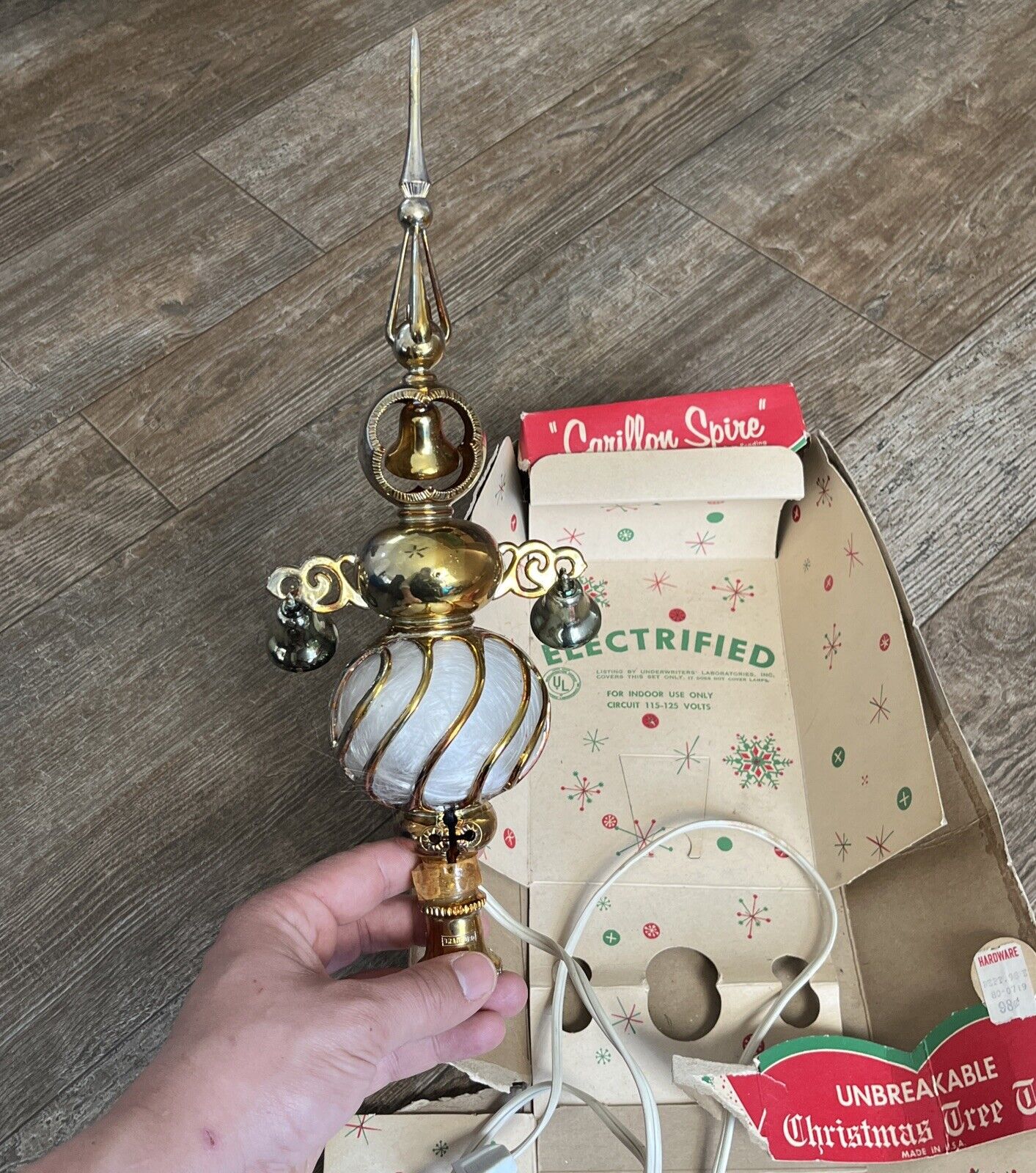 VTG Christmas Carillon Tree Topper Spire Bells Bradford Co Plastic Angel HAIR