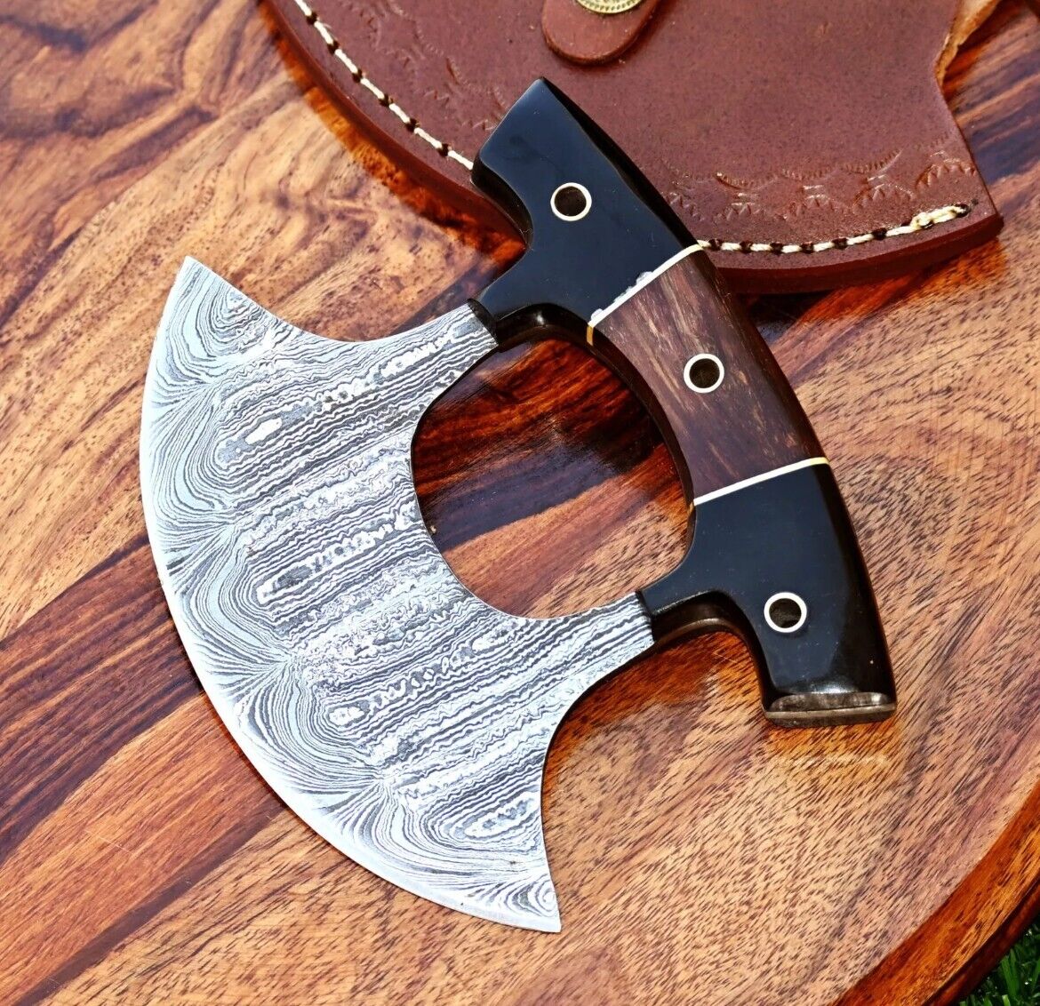 Damascus Knives Traditional Alaskan Ulu Knife Pizza Cutter Chopper Chef Kitchen
