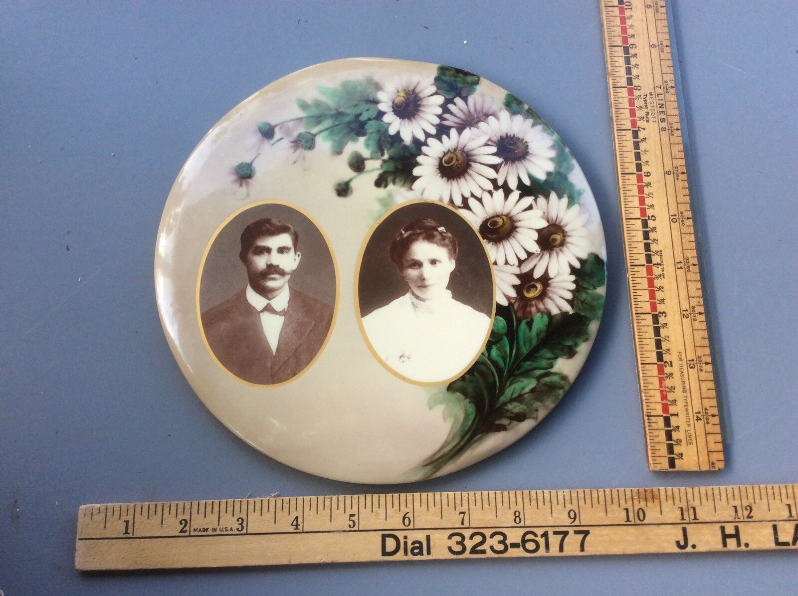 Antique Victorian Mourning Button , Americana, Portrait , Floral Design