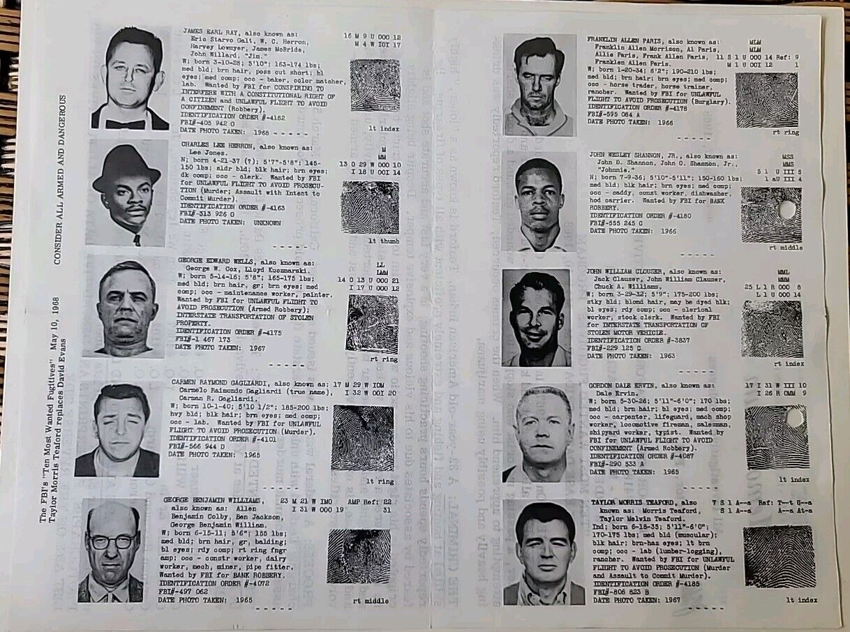 FBI Director\'s Memo, TEN MOST WANTED Fugitives, 5-10-68, Includes James Earl Ray