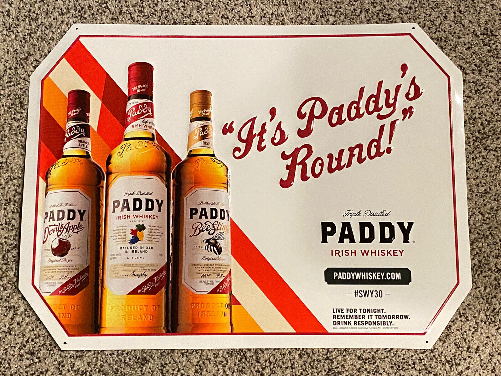 Vintage Paddy Irish Whiskey Ad Reproduction Metal Sign Mint condition from 2013
