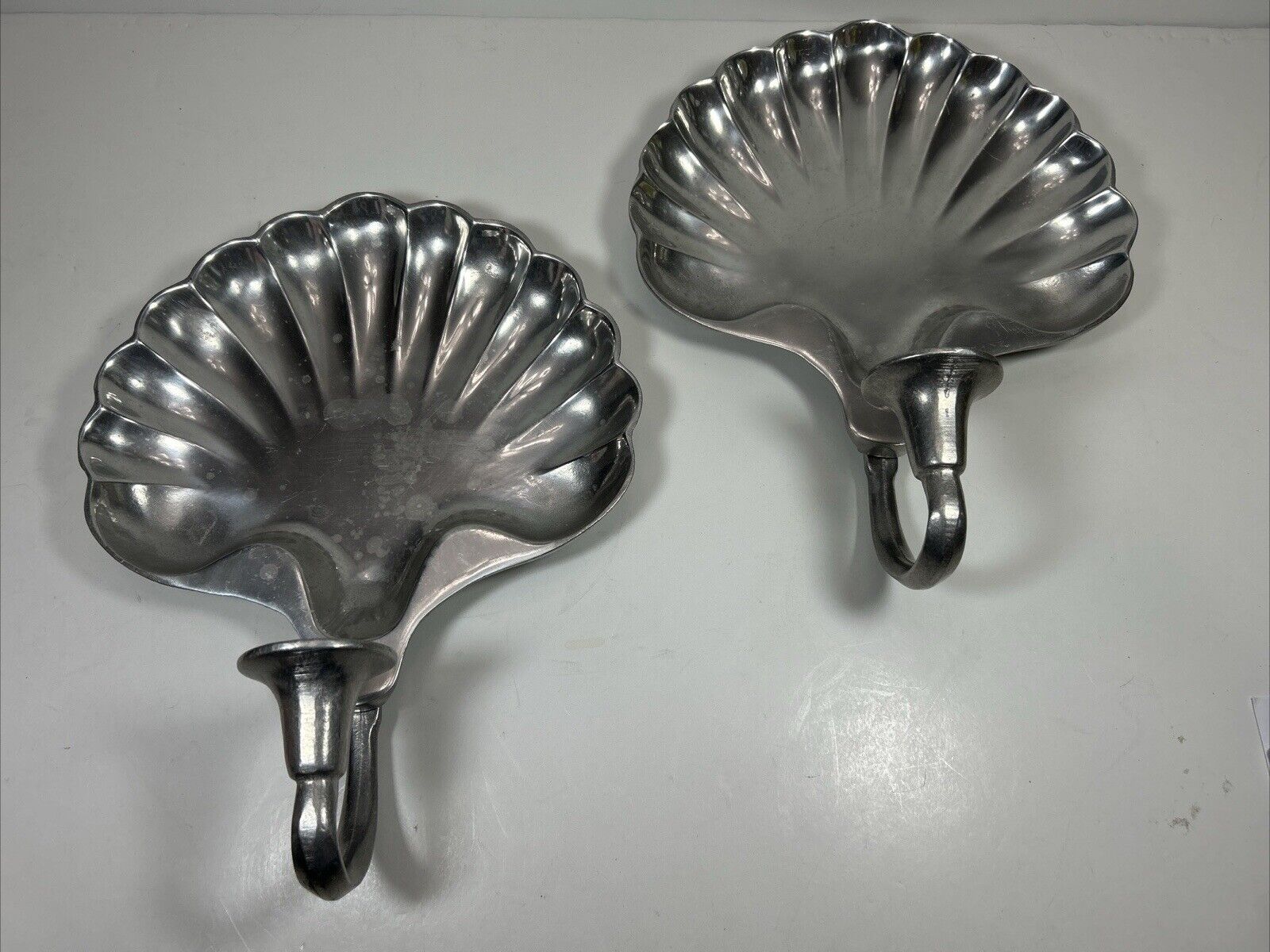 2 Olde Country Reproduction Pewtarex Shell Shape Wall Sconces Candle Holders