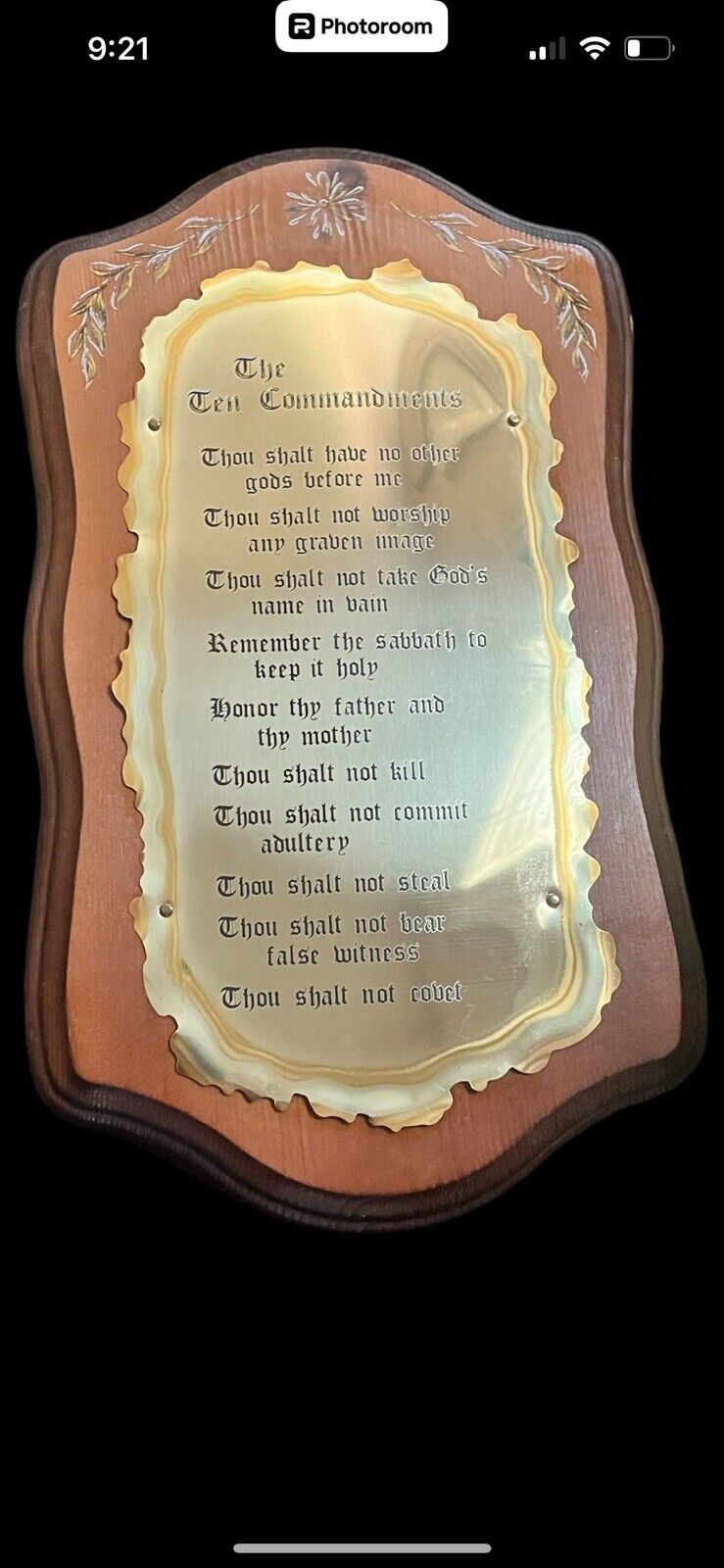 Vintage Homco The Ten Commandments Brass Wood Wall Plaque 10 x 18 EUC