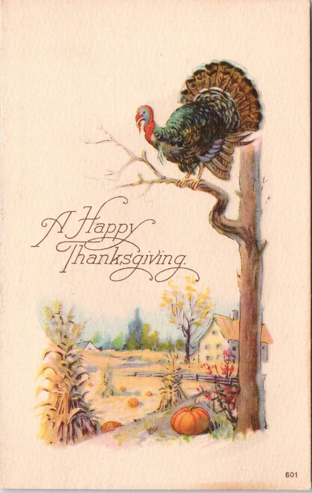 c1920s A Happy Thanksgiving Turkey Atop Tree Pumpkin Farm Postcard 463b