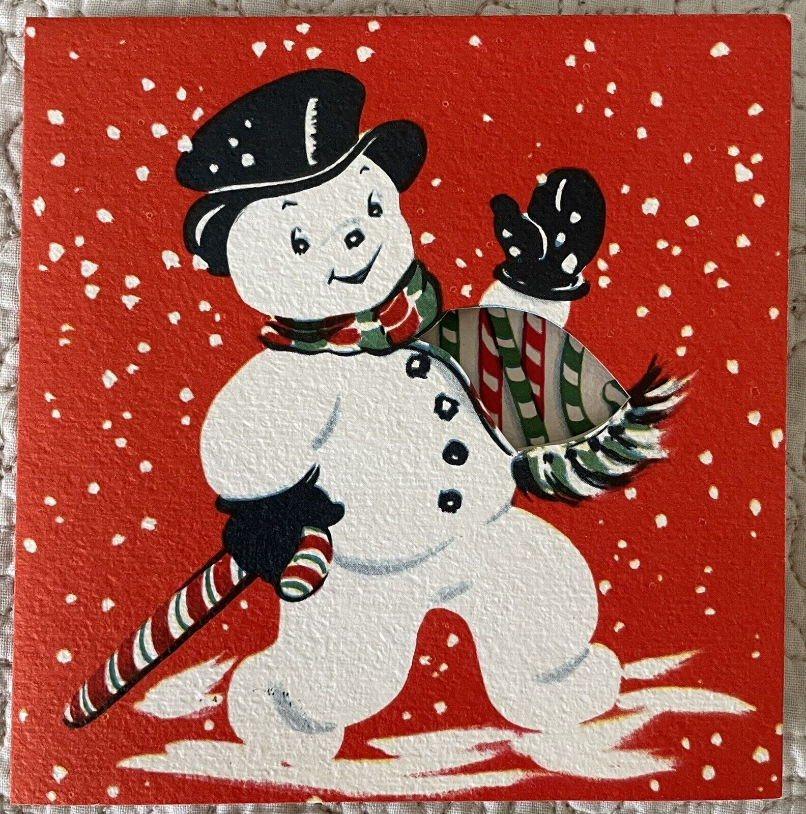 Unused Christmas Snowman Black Hat Candy Cane Gloves Greeting Card 1950s 1960s