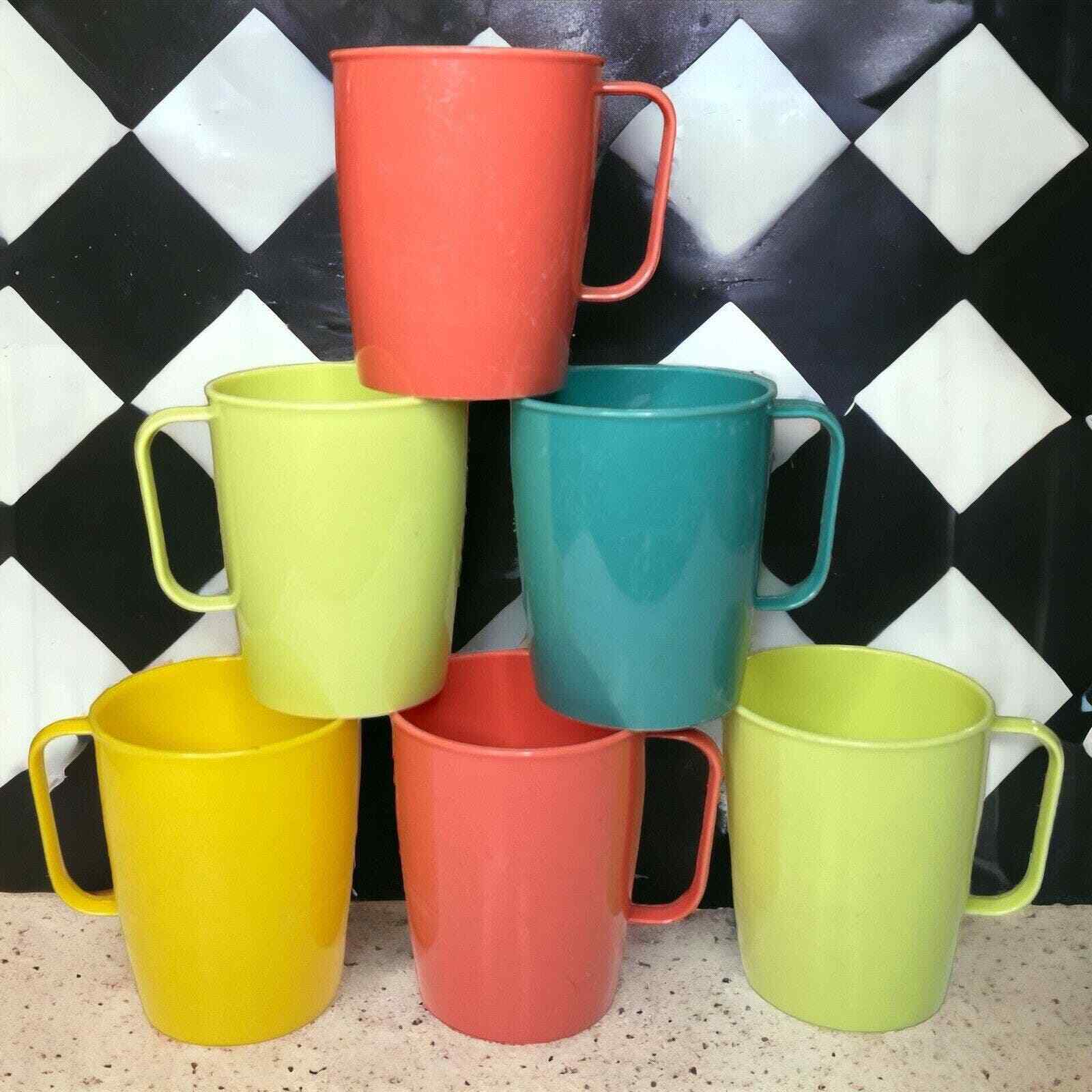 Mid Century Lustro Ware Plastic Cups Mugs Vintage C-20 Set of 6 Multicolor