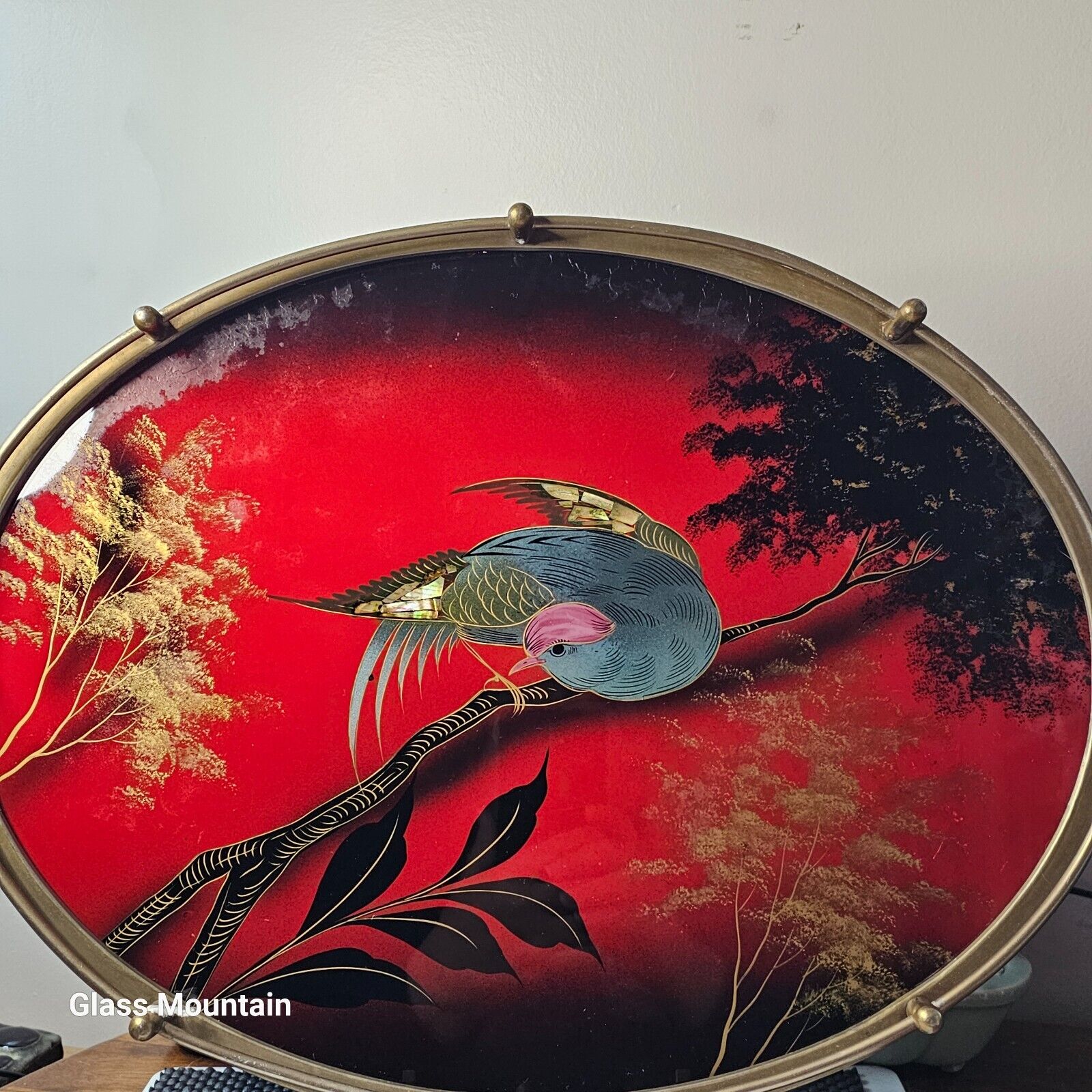 Vintage Reverse Painting Foil Abalone Bird Trees Brass Glass Serving Tray