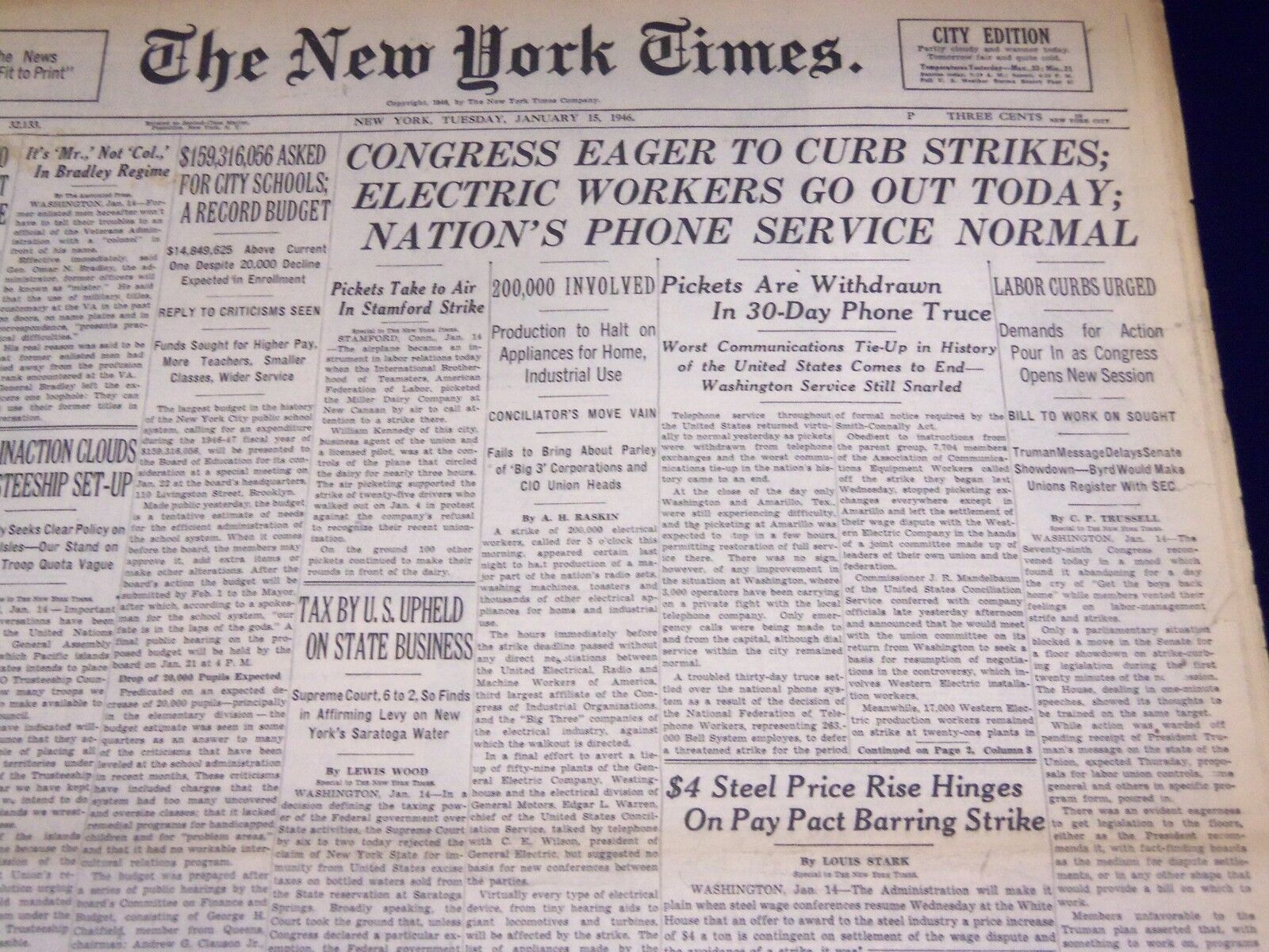 1946 JAN 15 NEW YORK TIMES - ELECTRIC WORKERS OUT TODAY, PHONES NORMAL - NT 2336