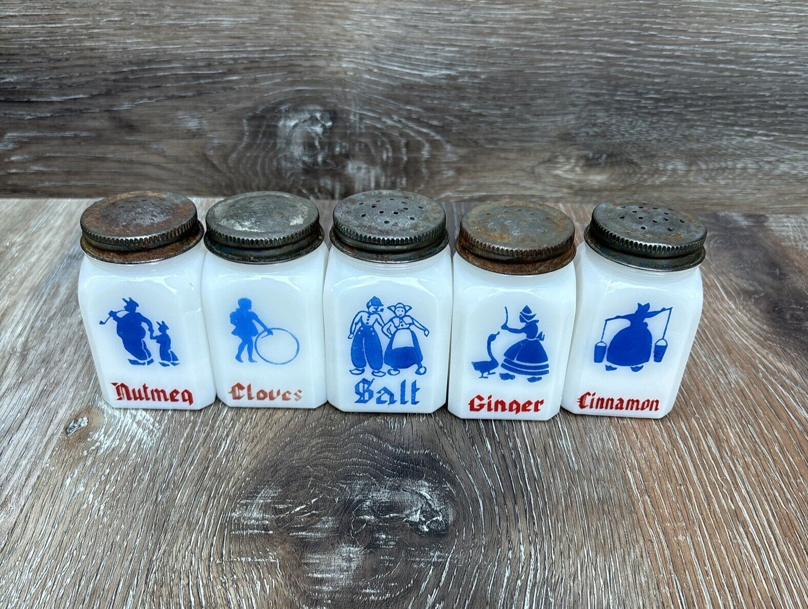 Set Of 5 Vintage Hazel  Atlas Milk Glass Spice Shakers Jars Red Blue Dutch Theme