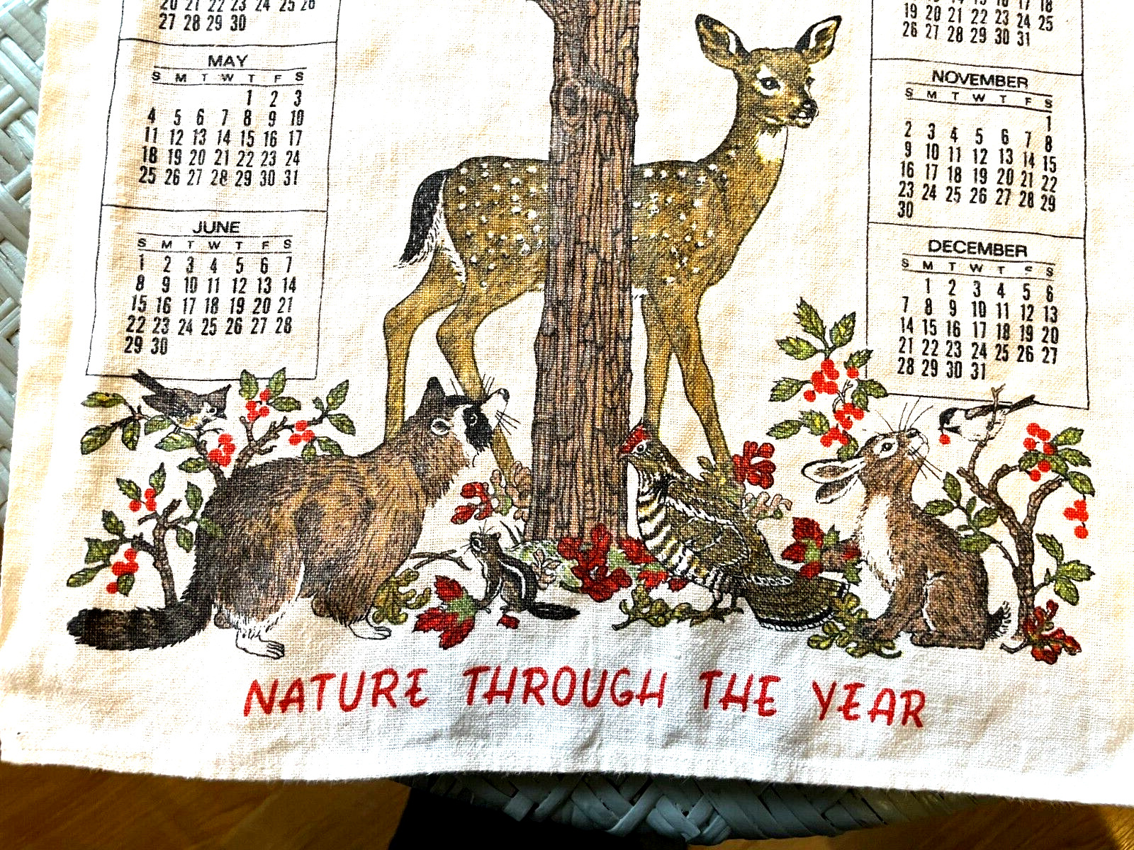 Vintage 1975 Linen Calendar Dish Towel, Nature Through The Year Owl Deer Recoom