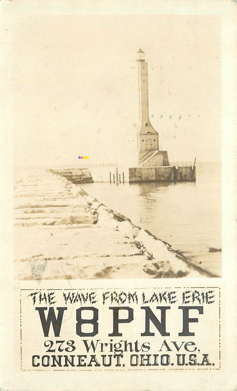 Postcard RPPC 1938 Ohio Conneaut QSL Radio Wave Lighthouse OH24-460