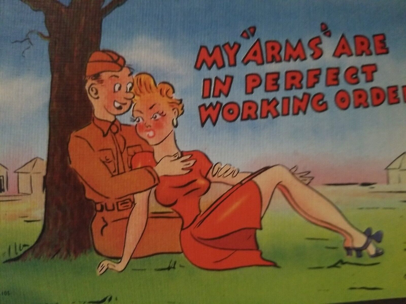 Military Army Comic Humor Vintage  Postcard WWII linen woman and Soldier