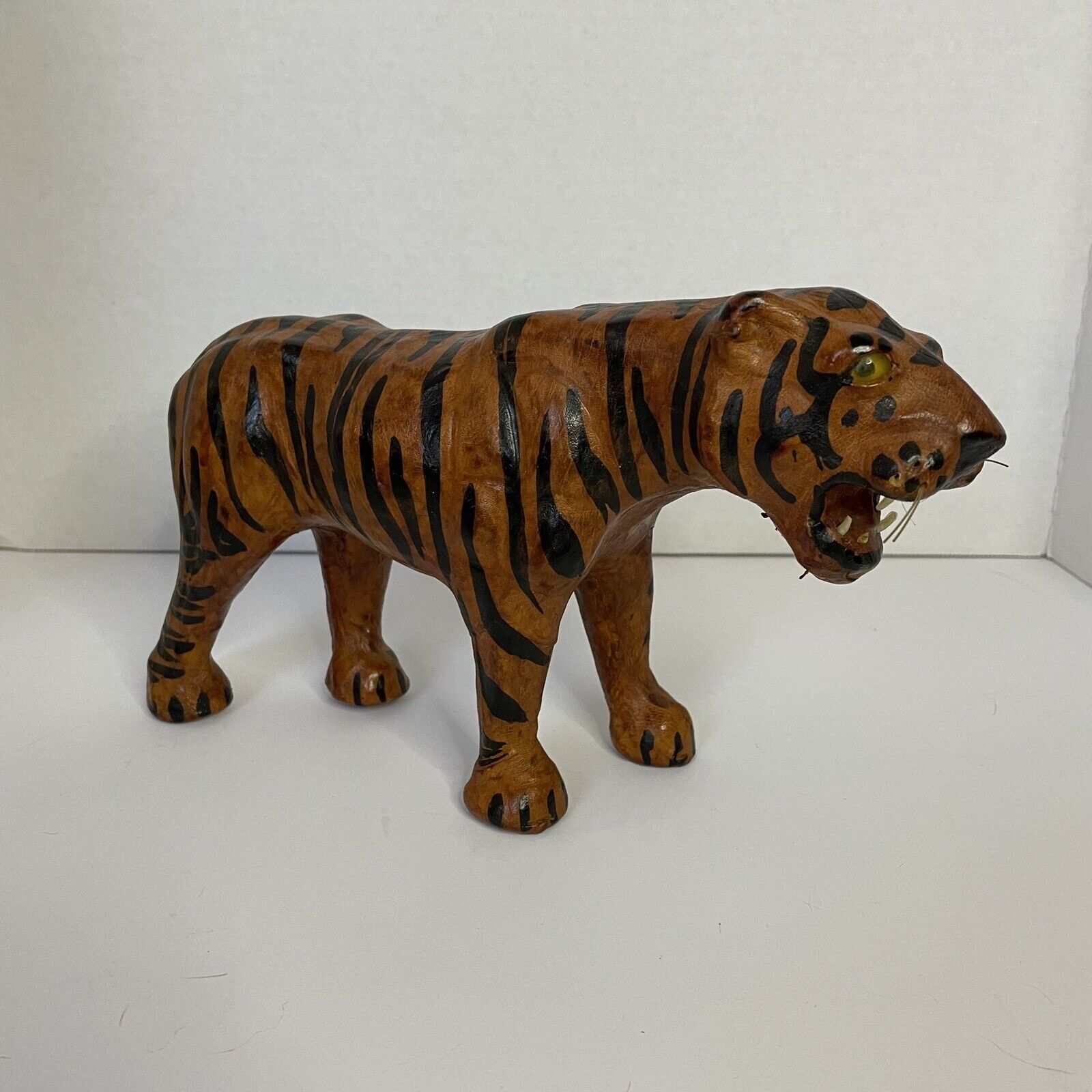 Vintage Genuine Leather Tiger Collectible Decor Glass Eyes, Bearing Teeth 