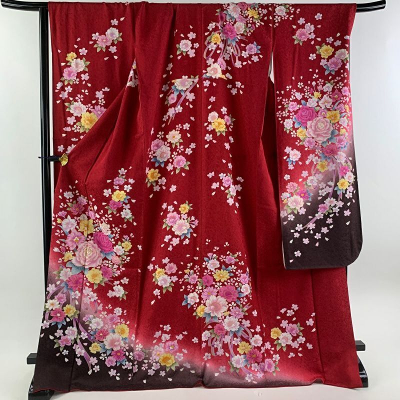 68.1inc Japanese Kimono SILK FURISODE Flowers Foil Red