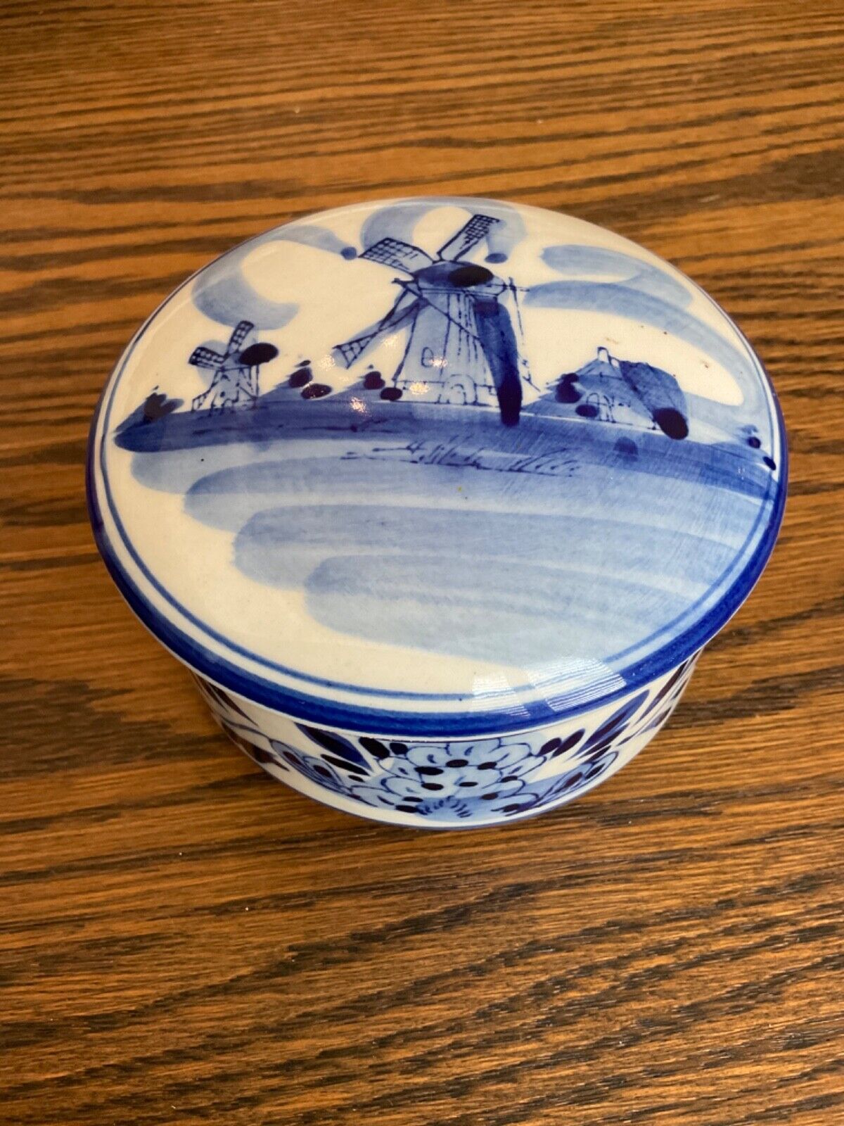  E & H  4” Delft Signed Blue Porcelain Trinket Box with Holland Windmill  