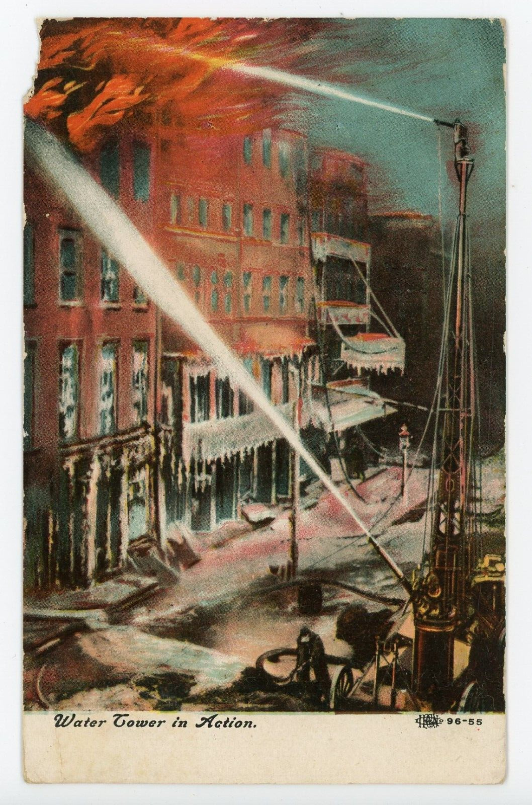 Antique Postcard Water Tower in Action Burning Buildings New York City NY Posted