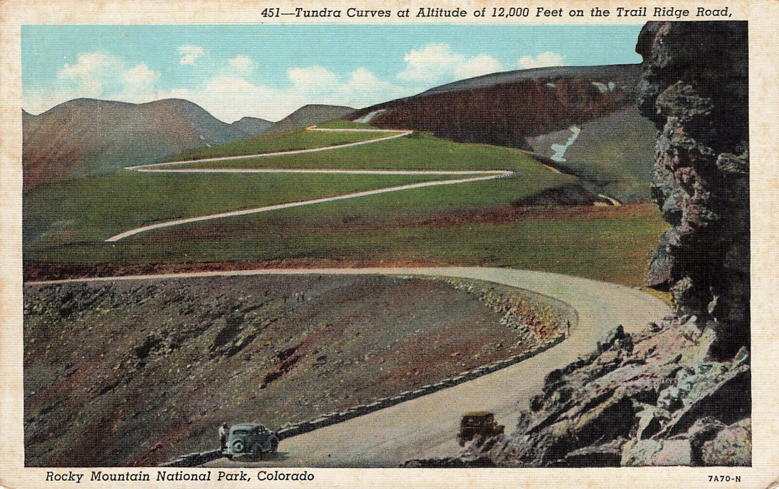 Rocky Mt Nat\'l Park CO-Colorado, Tundra Curves, Trail Ridge, Linen Postcard1061