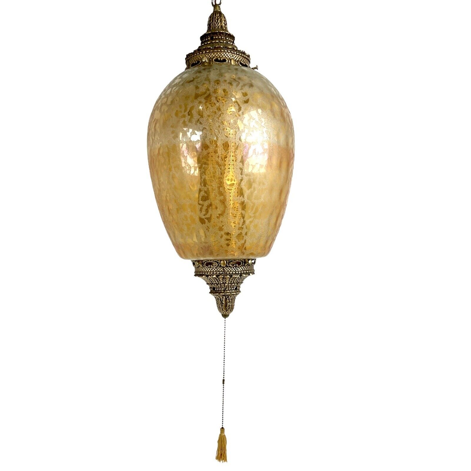 Vtg/Antique 1960\'s-70\'s Retro MCM Amber Crackle Glass Hanging Swag Lamp/Light 