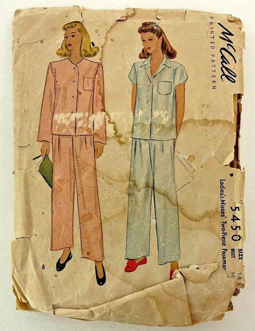 1943 McCall Sewing Pattern 5450 Womens Pajamas 2 Styles Size 14 32 Bust Vtg 8665