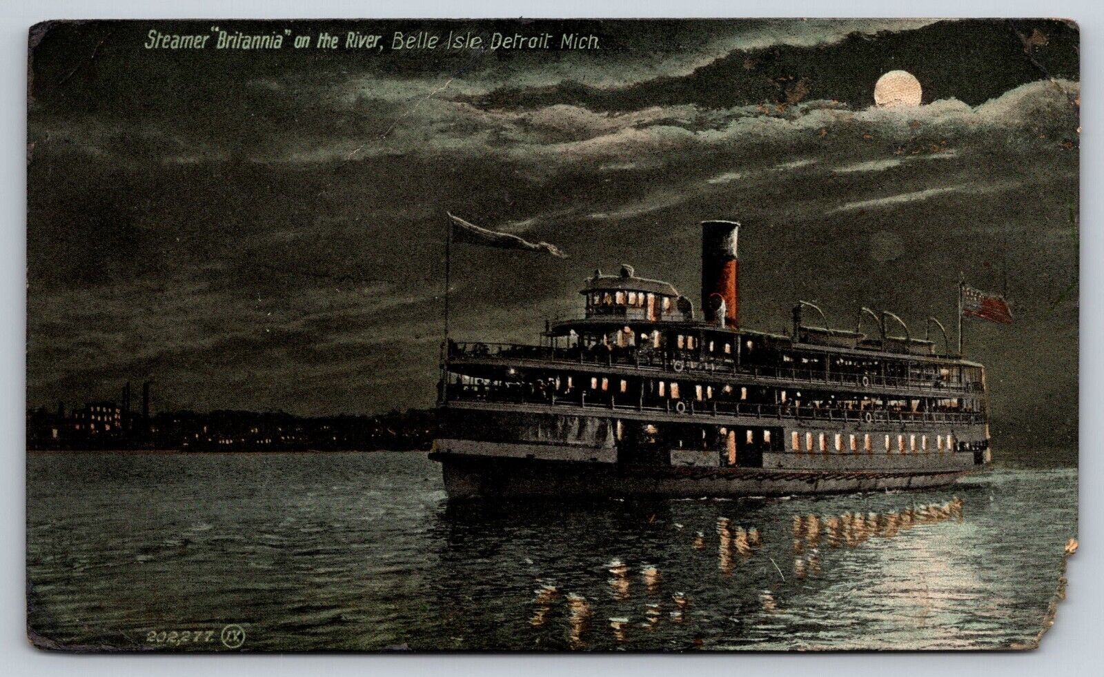 Postcard Michigan Detroit Belle Isle Britannia Steamer c1909 Night 5H
