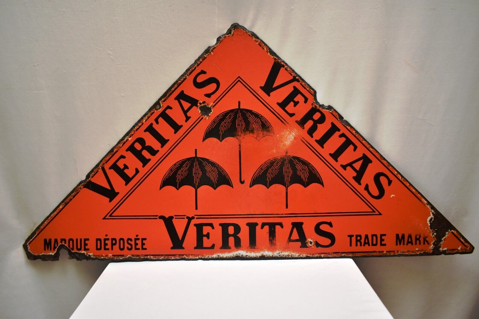 Antique French Veritas Umbrella Signboard Porcelain Enamel Marque Deposee Trade
