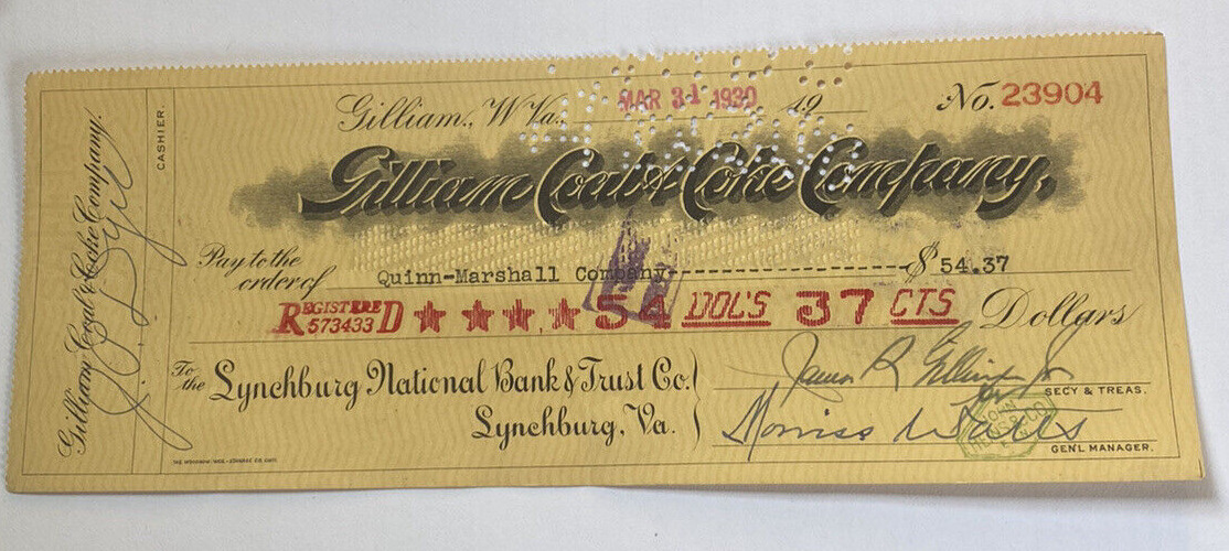 Vintage 1930 Bank Check ~ Gilliam Coal & Coke Company West Virginia Lynchburg VA