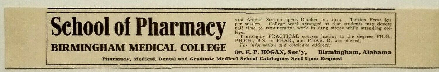 1914 Birmingham Alabama School of Pharmacy Medical College Vtg Print Advertising