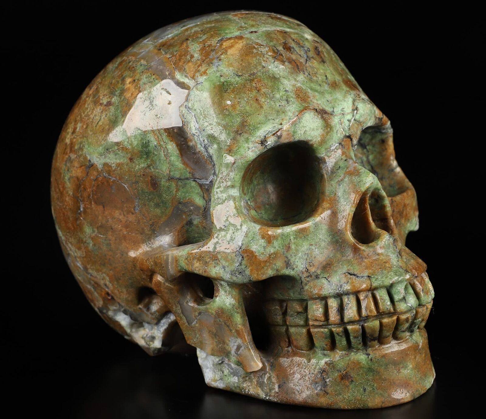 5.0” Green Opal Crystal Skull, Hand Carved Gemstone Fine Art Sculpture, Re