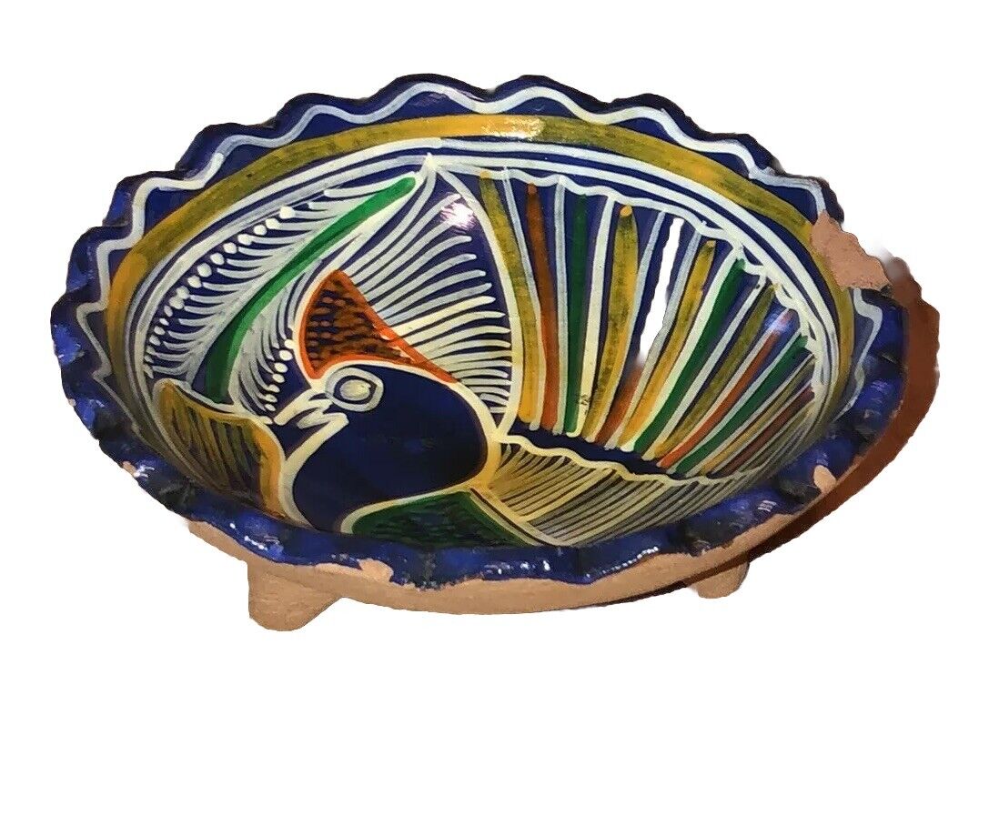 Vintage Miniature Terra-Cotta Pottery 3 Legged Bowl Peacock Has Chips ￼fun