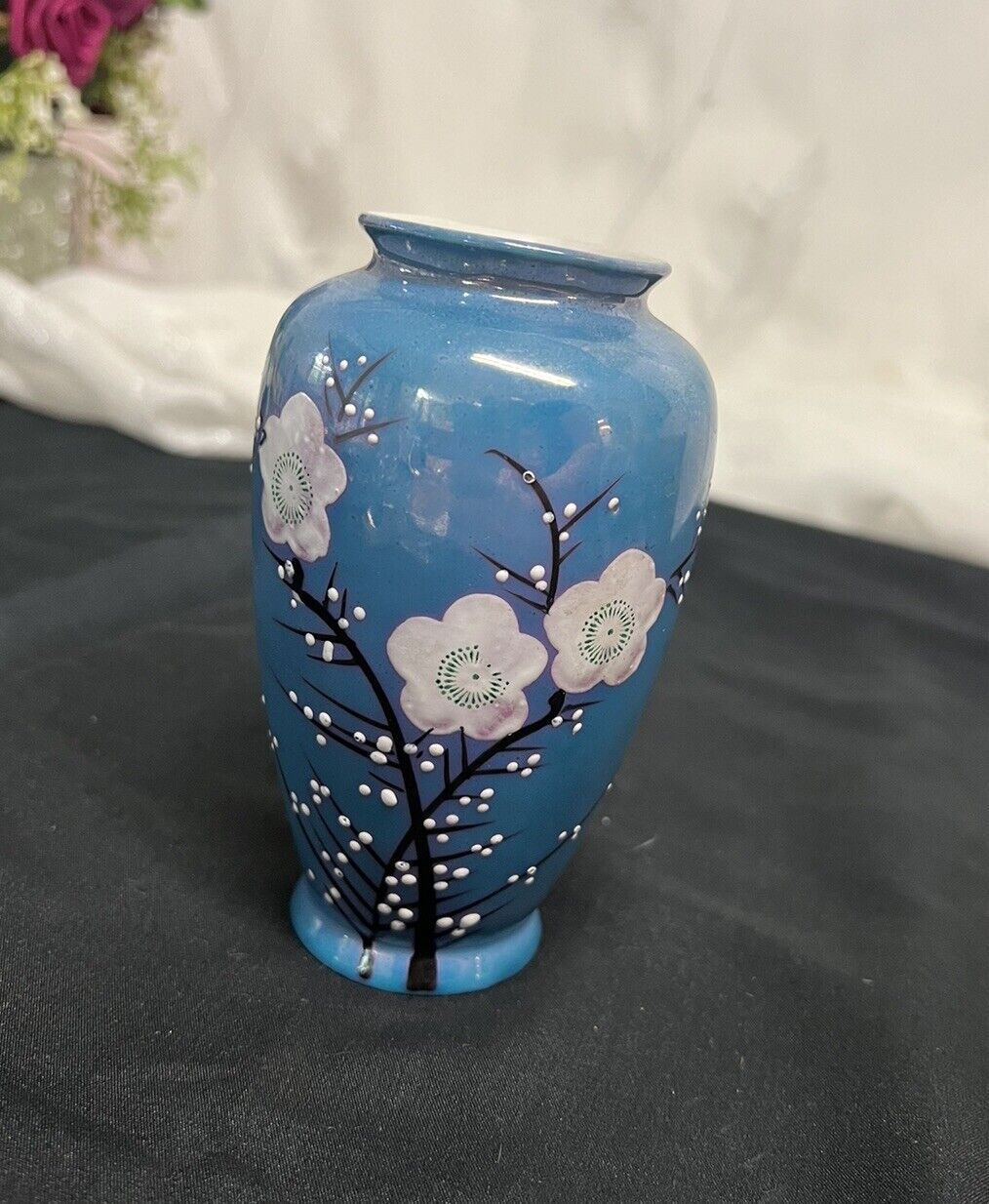 *VTG* Nippon Blue Moriage Lusterware Cherry Blossom Vase Japan