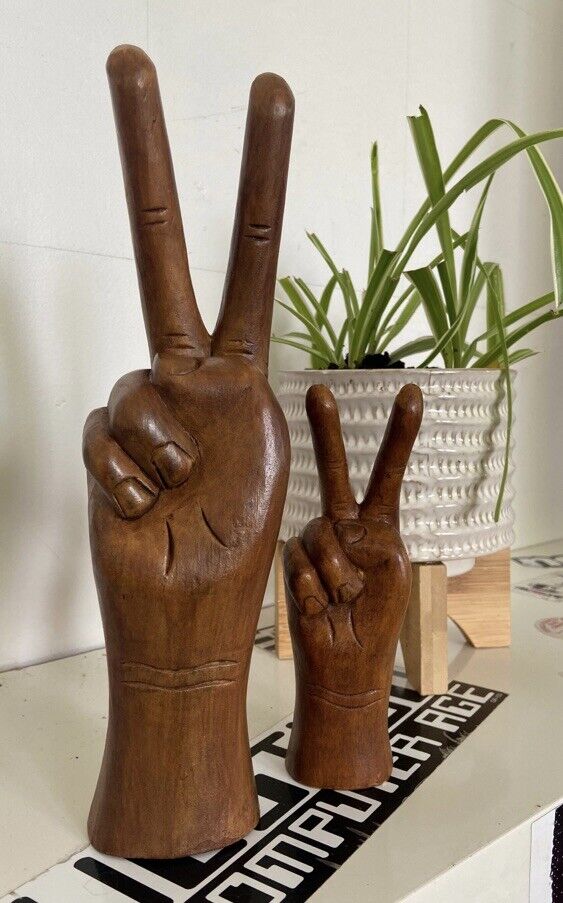 11” Hand Carved Wooden Peace Sign Hand Statue Fingers Handmade In Nepal