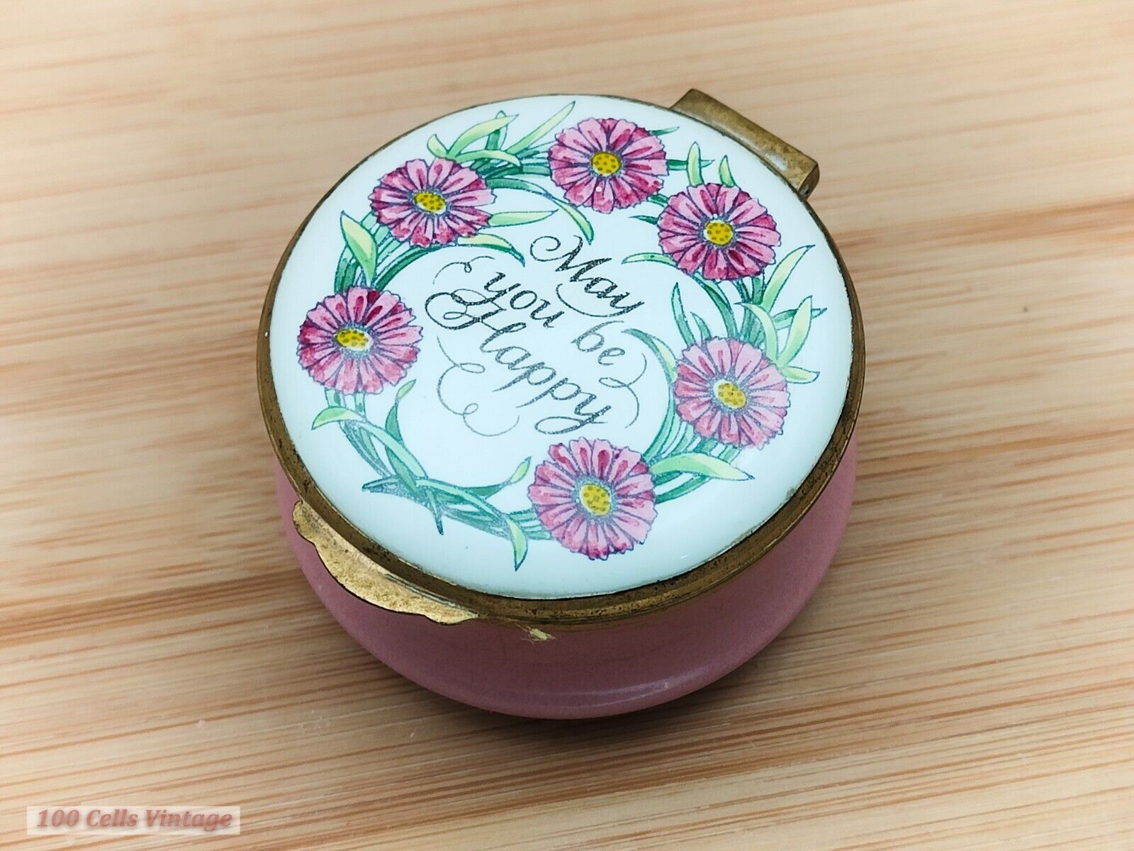 May You Be Happy Pink Floral-Crummles Enamel-5cm-Vintage Trinket/Pill/Snuff Box