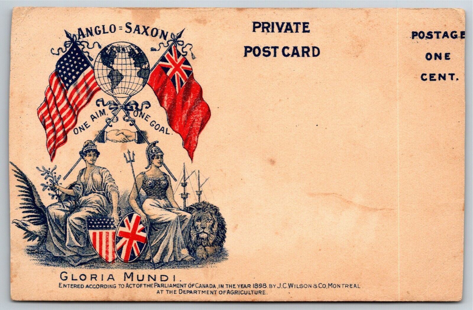 Vintage c1898 PMC Postcard - American & UK Flag  - Gloria Mundi - Anglo Saxon