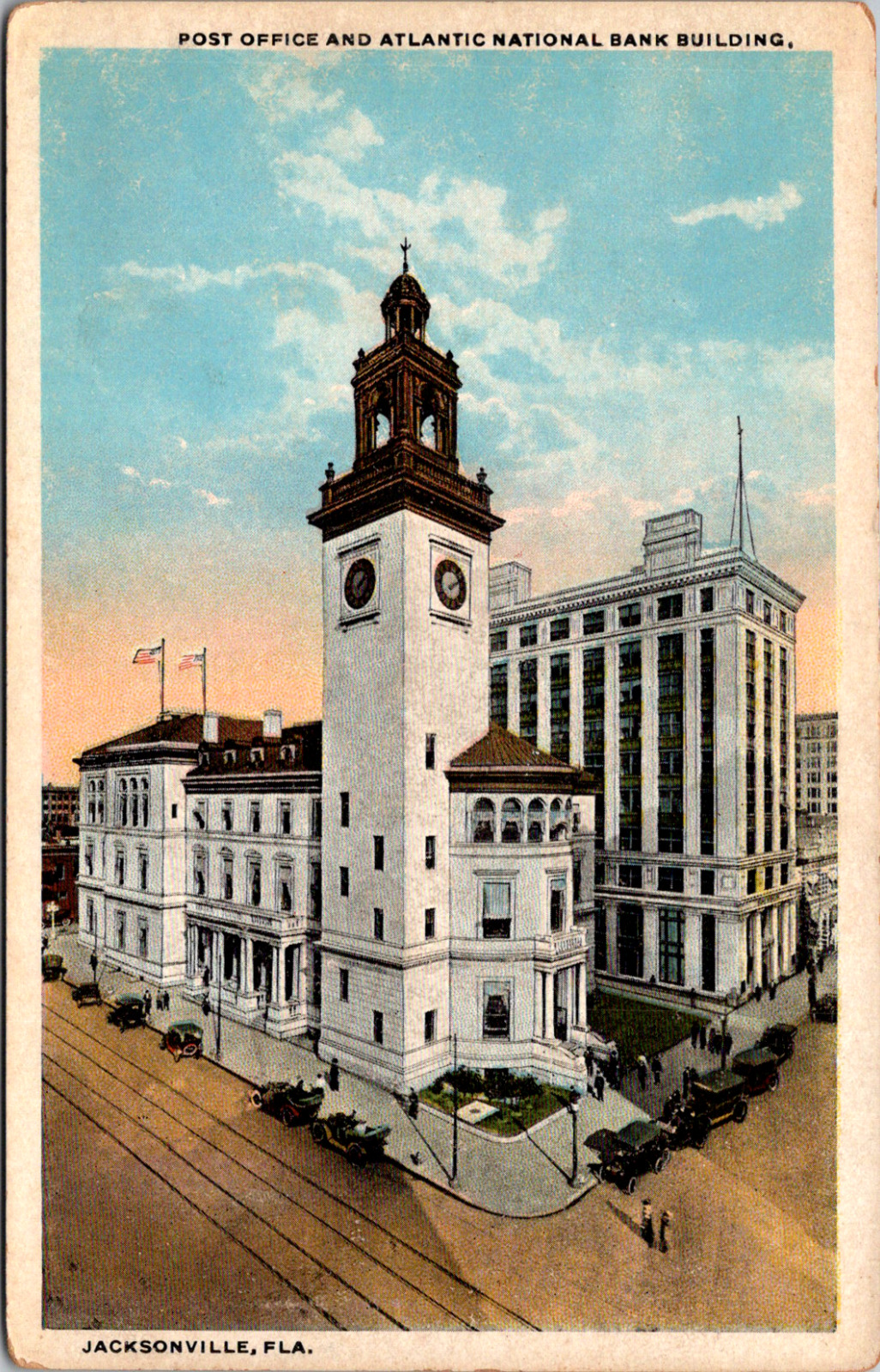 Jacksonville Florida FL Post Office & National Bank  Vintage C. 1920's Postcard
