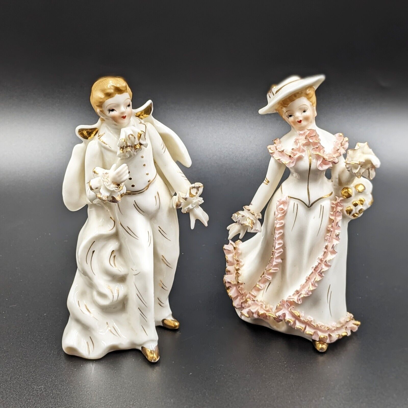 VTG Artmark Japan Porcelain Figurines Victorian Era Couple Ruffles Cape