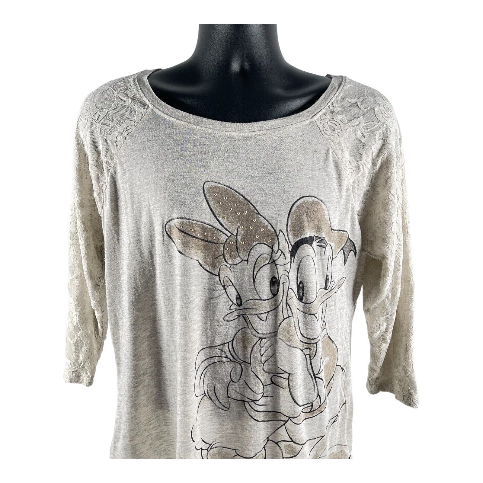 Disney Boutique Donald and Daisy Duck Gray Long Sleeve Lace Stud Women\'s Top XL