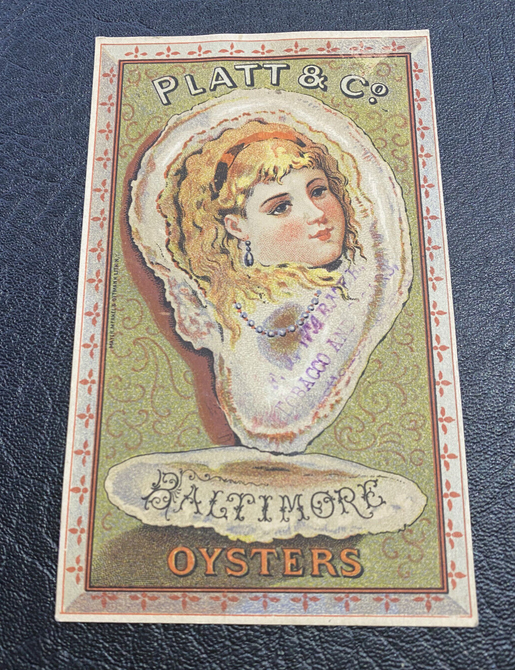 1890s Platt & Co Baltimore Oysters Trade Card, Girl inside Oyster