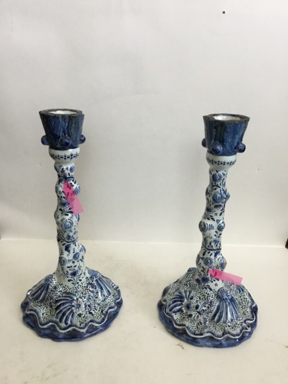 Rare Antique Pair Of Early 19th Century Delft Candlesticks Moulded As Tree Trunk