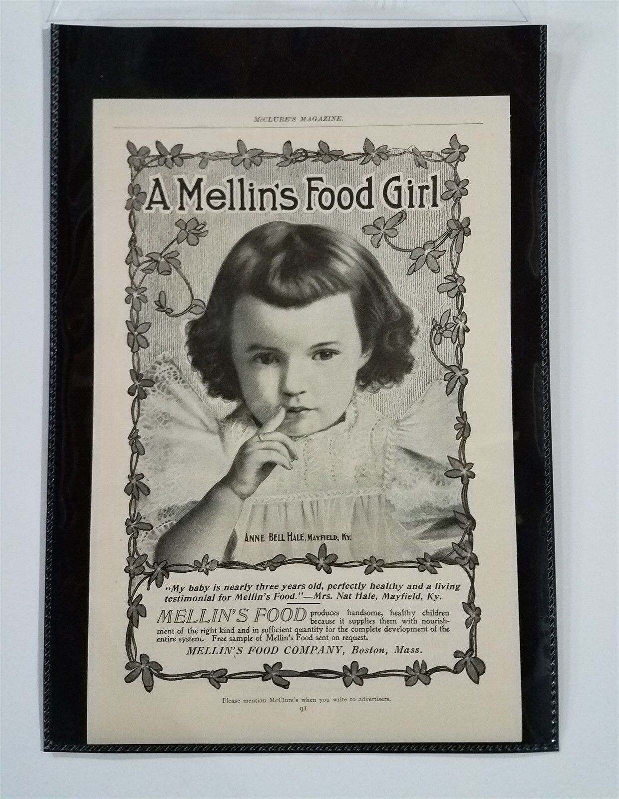 Vintage 1899 Mellin's Food Company Little Girl Anne Bell Halle Full Page Ad