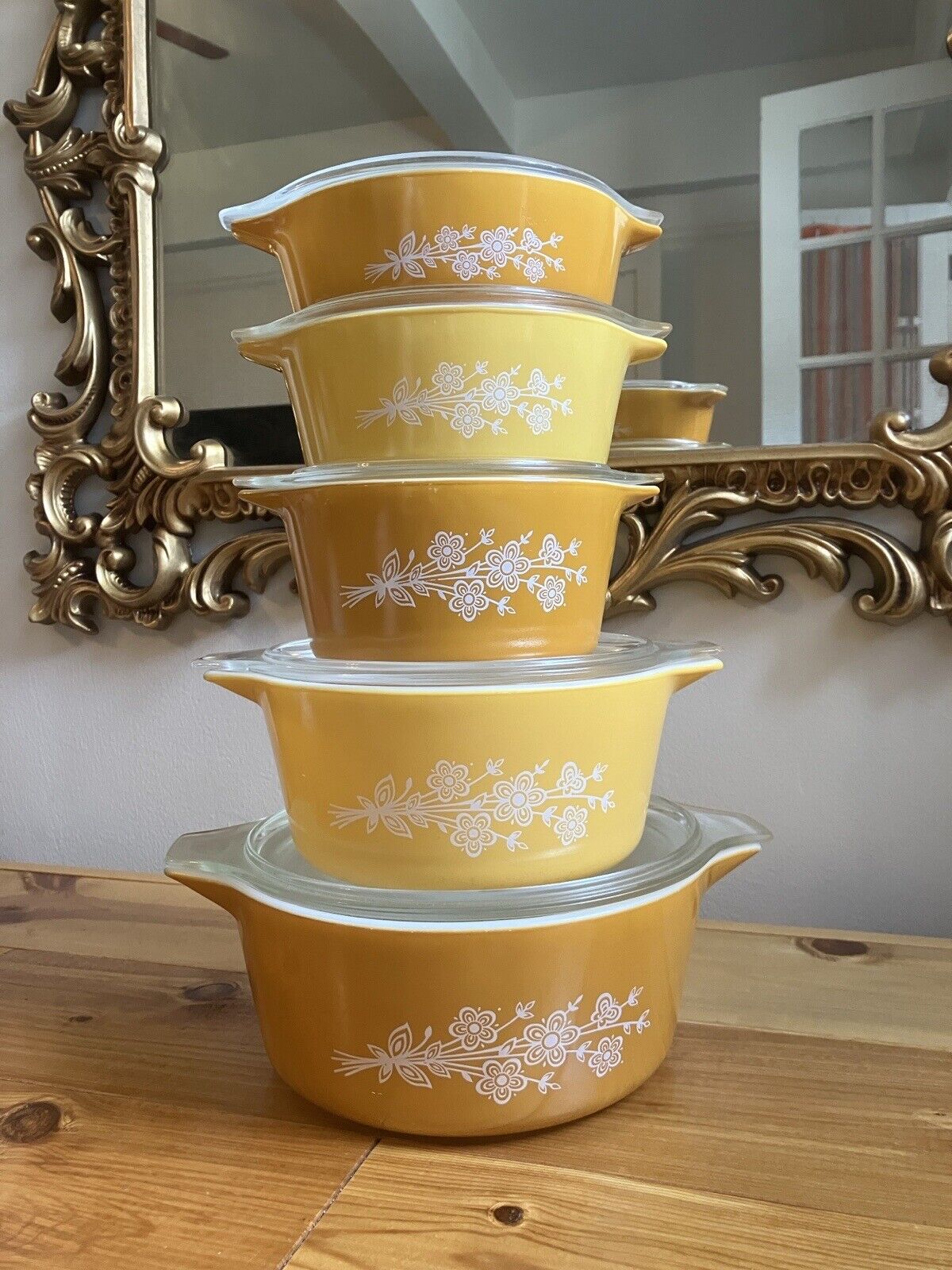 Pyrex Vintage Butterfly Gold Redesign Casserole Dish Full Set With Lids