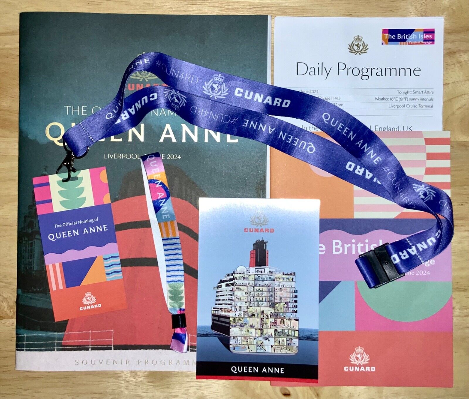 Lot Cunard Queen Anne Official Naming ceremony Postcard program lanyard bracelet