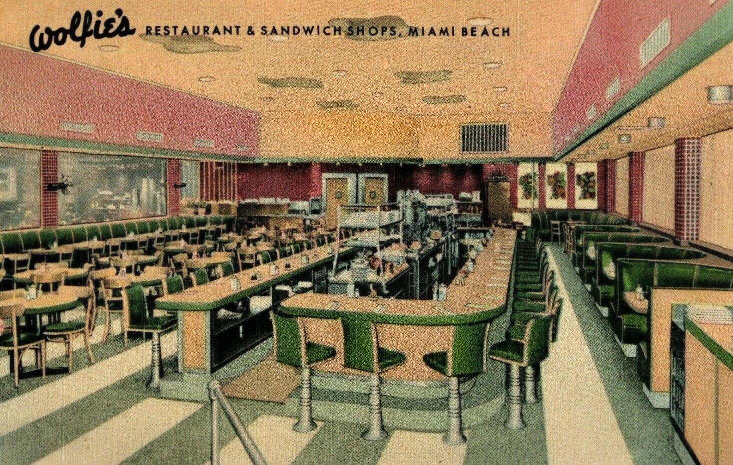 1950s Wolfie\'s Restaurant Inside View Miami Beach, FL. Postcard F74