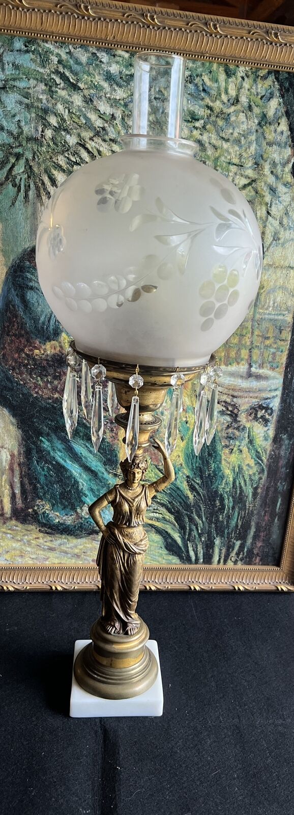 Antique Figural Brass Oil Lamp  Rare With Crystals 30”