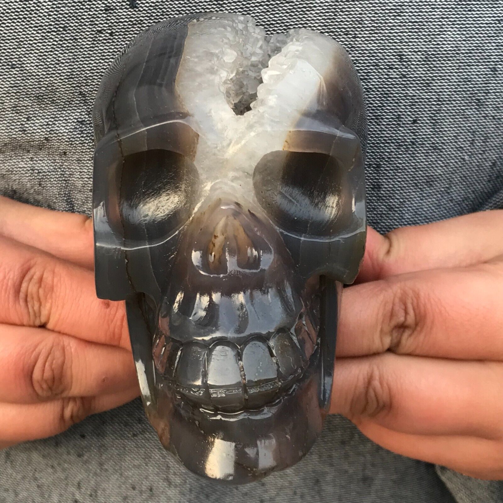 2.72LB TOP Natural geode agate Quartz hand carved crystal Skull reiki Healing