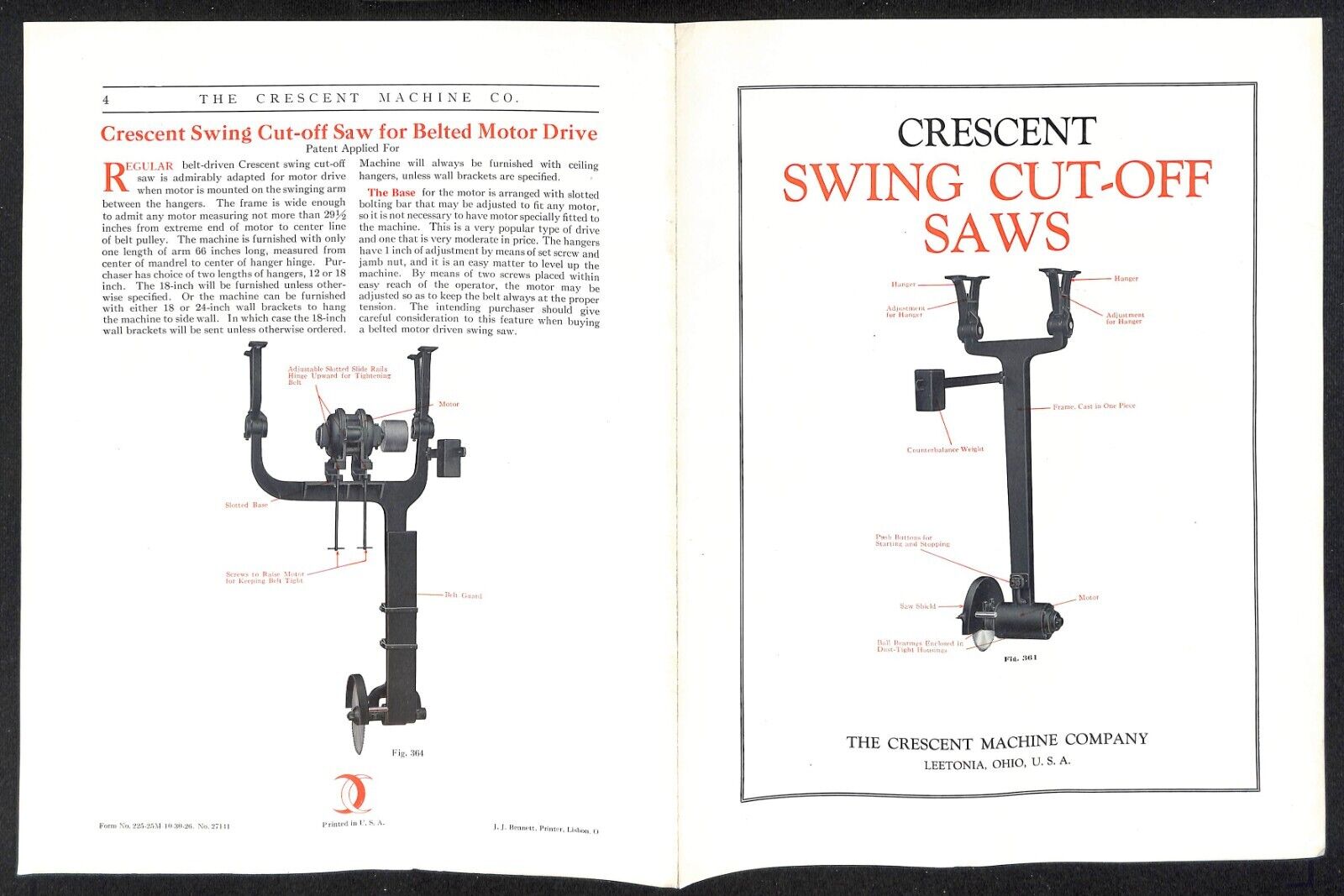 1926 Crescent Machine Co. Swing Cut-Off Saws Product Spec Folded Sheet VGC