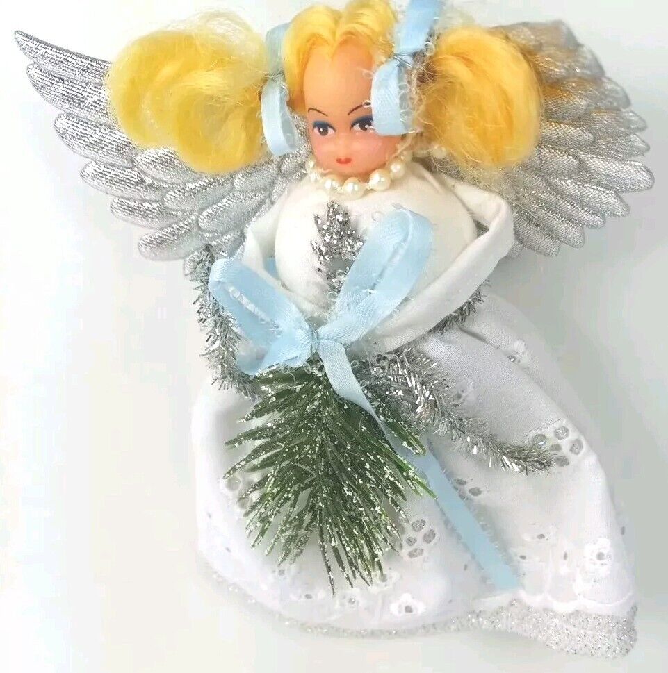 Vintage Angel Rubber Faced Doll Ornament White Dress Silver Wings 6 Inch