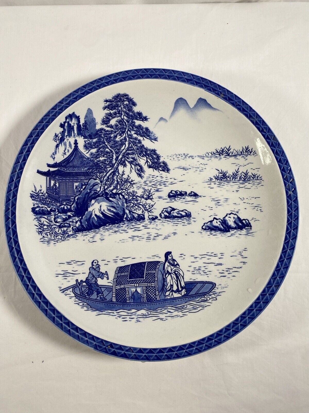 Vintage Large Chinese White Blue Porcelain Men On Boat Round Platter 14 1/2”