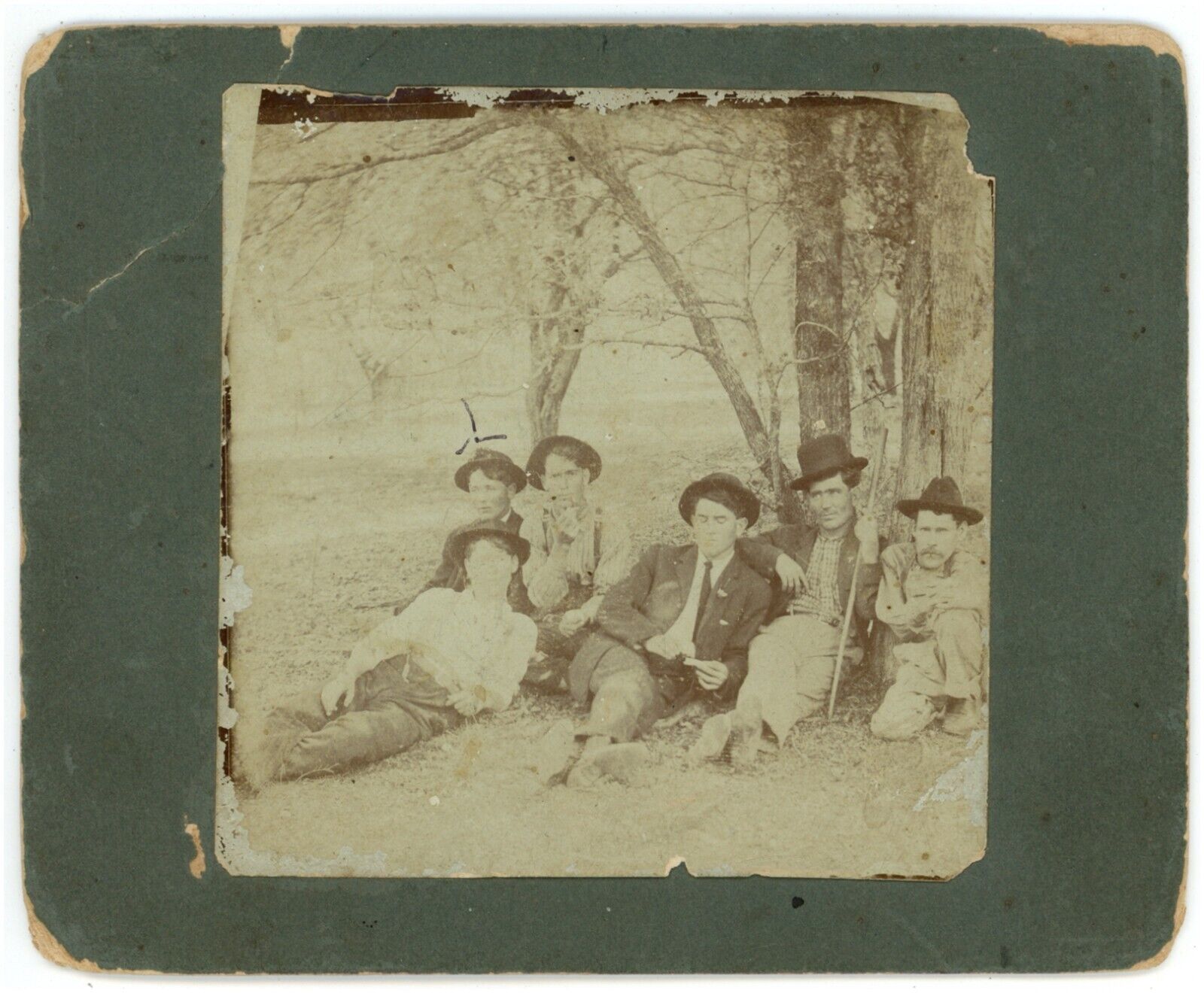 CIRCA 1880'S Named CABINET CARD 6 Affectionate Men Lounging Resting In Forest