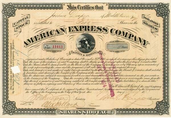 William G. Fargo - American Express Co. - Stock Certificate - Autographed Stocks